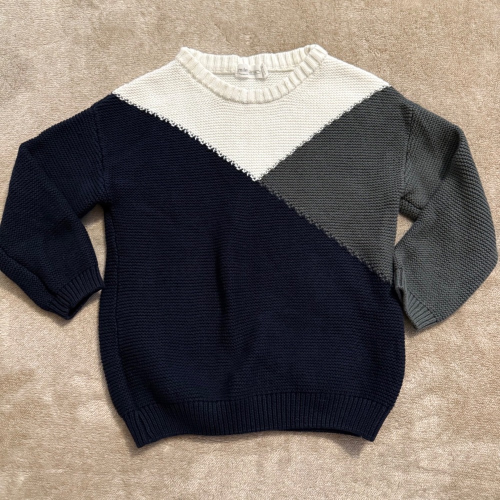 Miles Basic Kids Colorblock Cotton Knit Sweater Navy Grey Cream 2/3Y